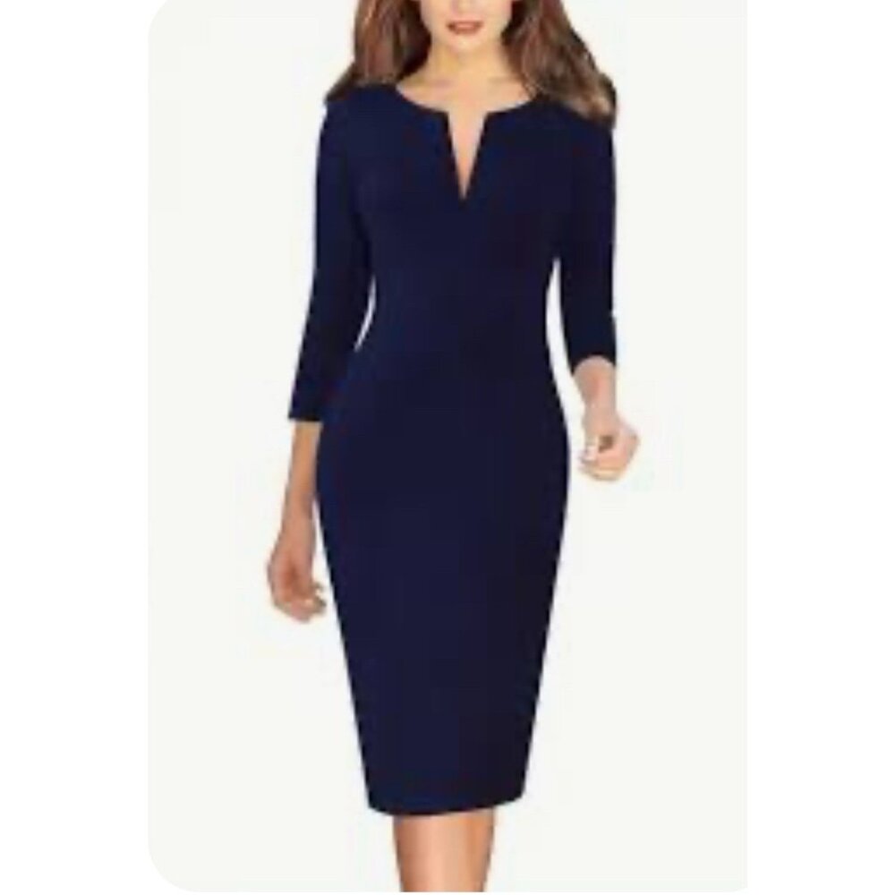 Mary Crafts Midi Pencil Dress 6 Navy Blue Stretch Career Church Washable